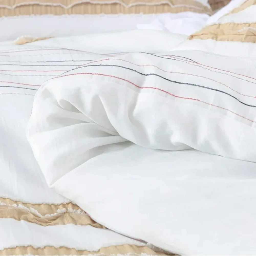 White Comforter with Tan Stripe Detailing - Elegant Layered Comfort